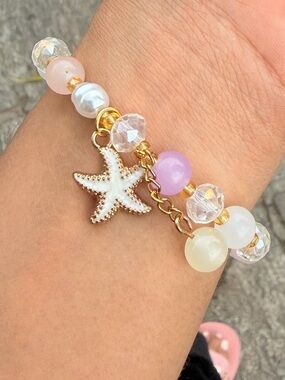 Gold Starfish Charm Bracelet with Pastel Beads - Women Jewelry